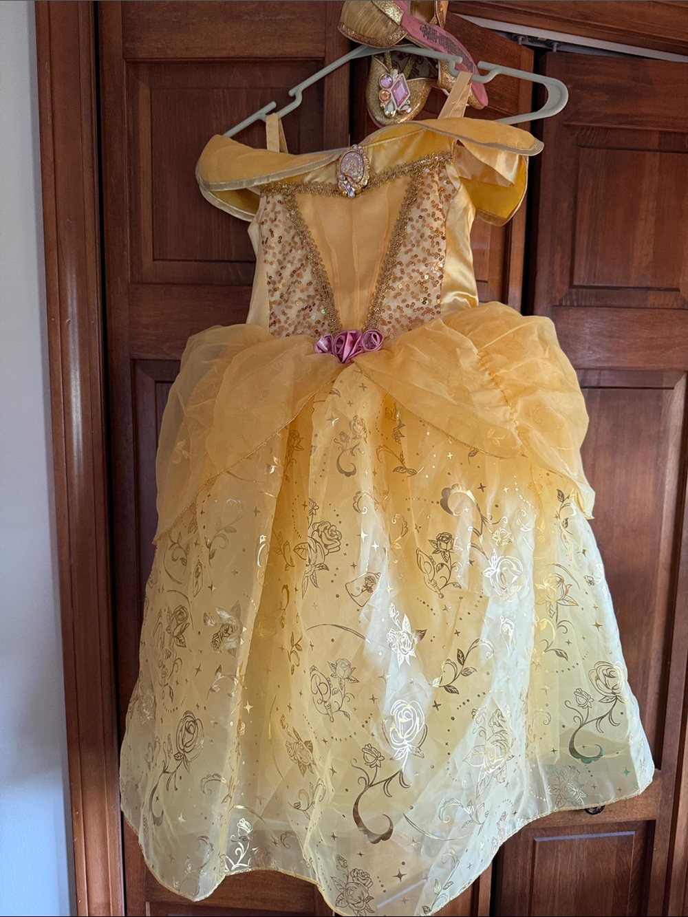 Disney Belle Princess Ball Gown Costume Gold Accents Sz 5/6 Matching Shoes 11/12